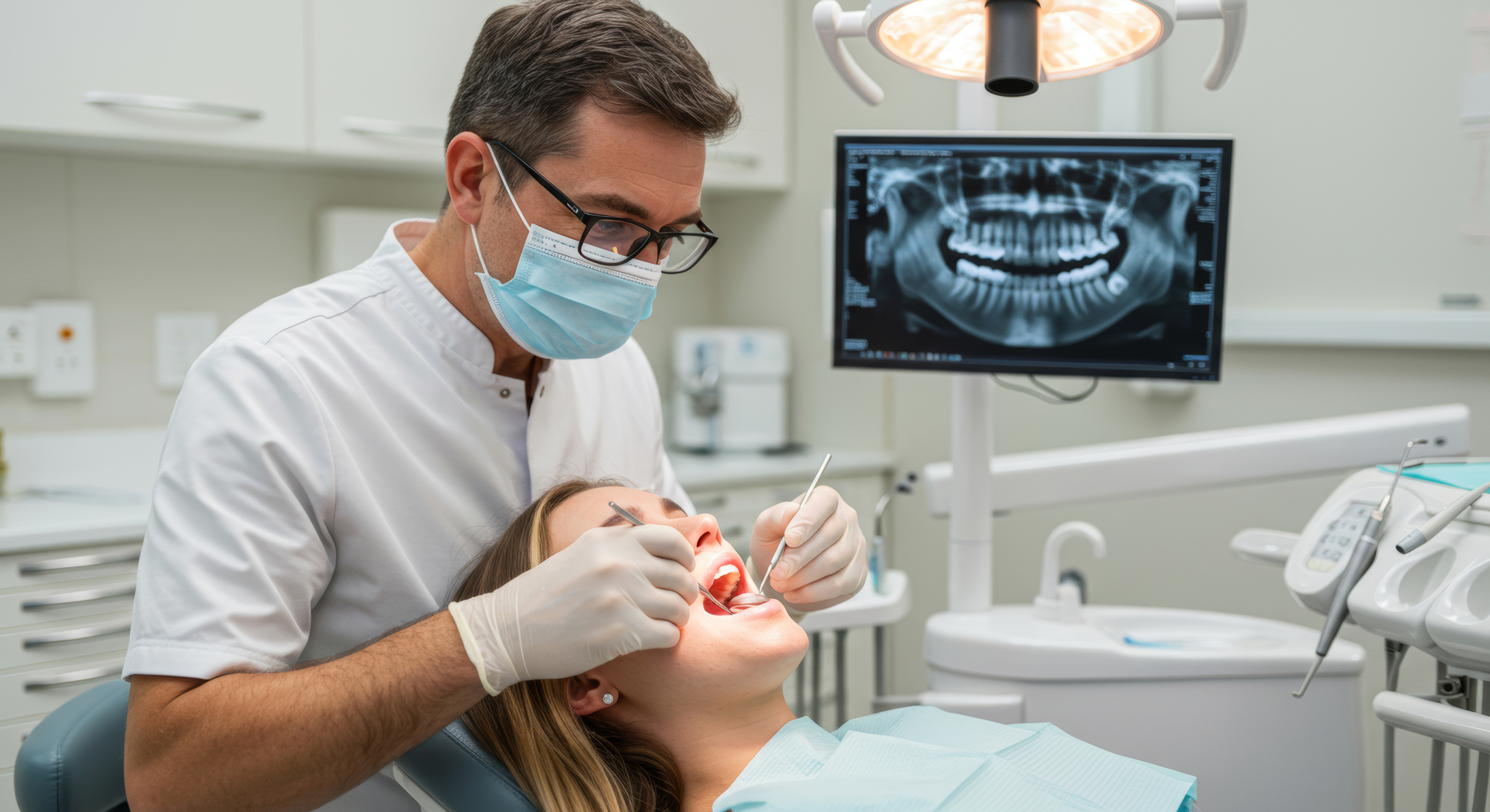 Dentist examining patient's teeth with X-ray for wisdom teeth extraction