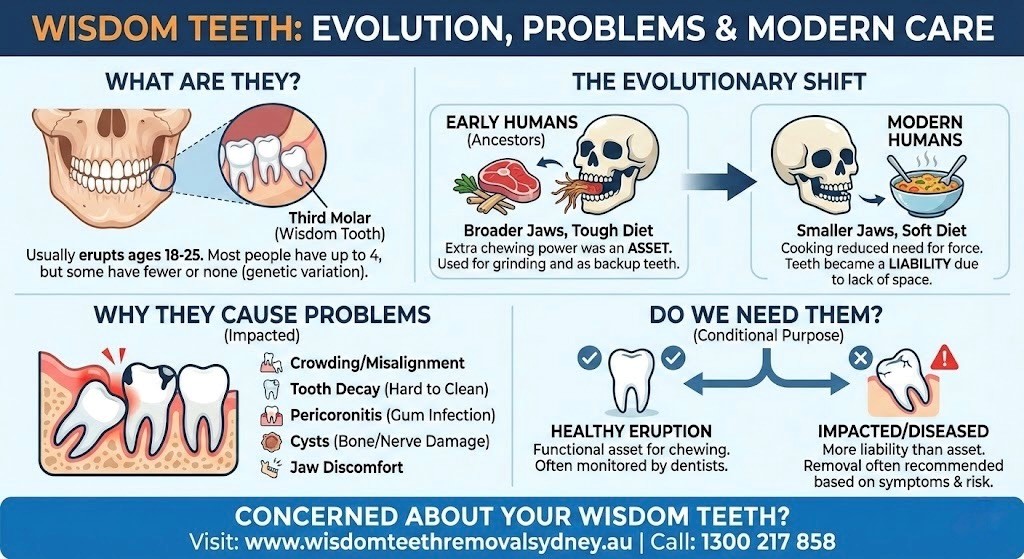 Wisdom teeth evolution problems and removal recovery infographic