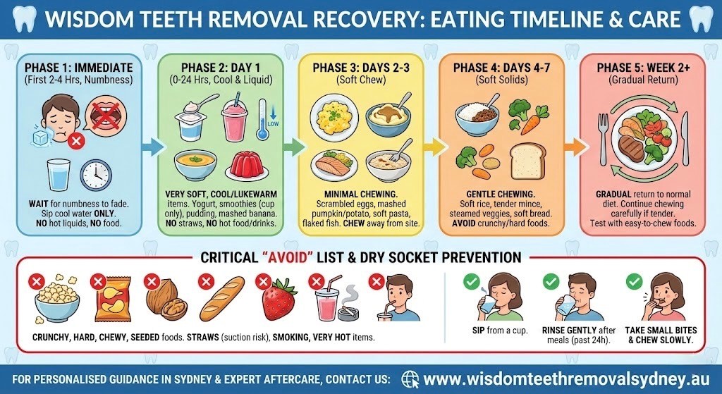 Wisdom teeth removal recovery eating timeline and aftercare infographic