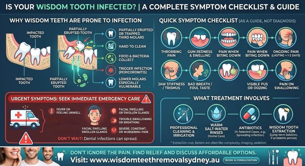 Infographic showing wisdom tooth infection symptoms and warning signs checklist